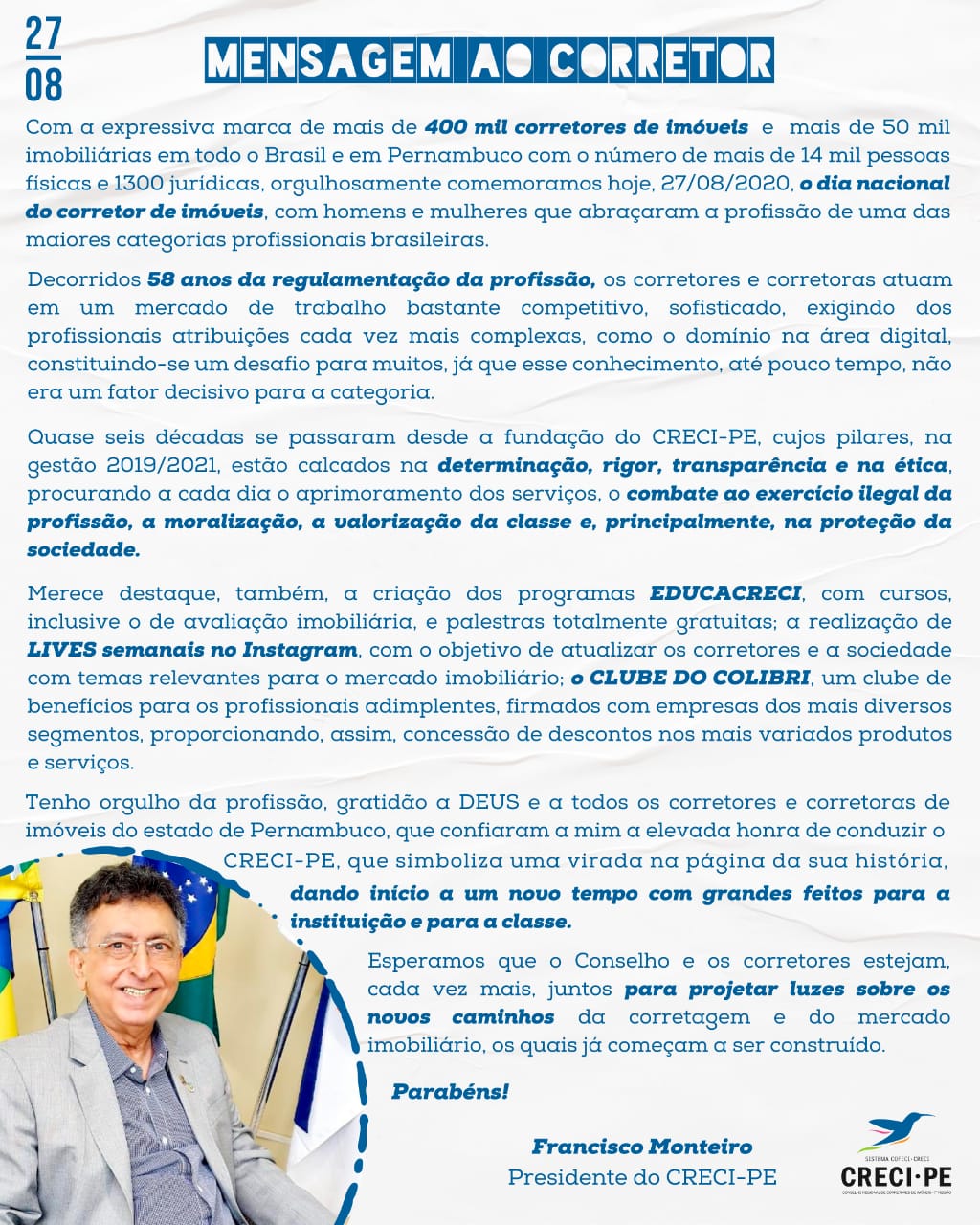 MENSAGEM DO PRESIDENTE DO CRECI-PE A TODOS OS CORRETORES DE IMÓVEIS DE PERNAMBUCO