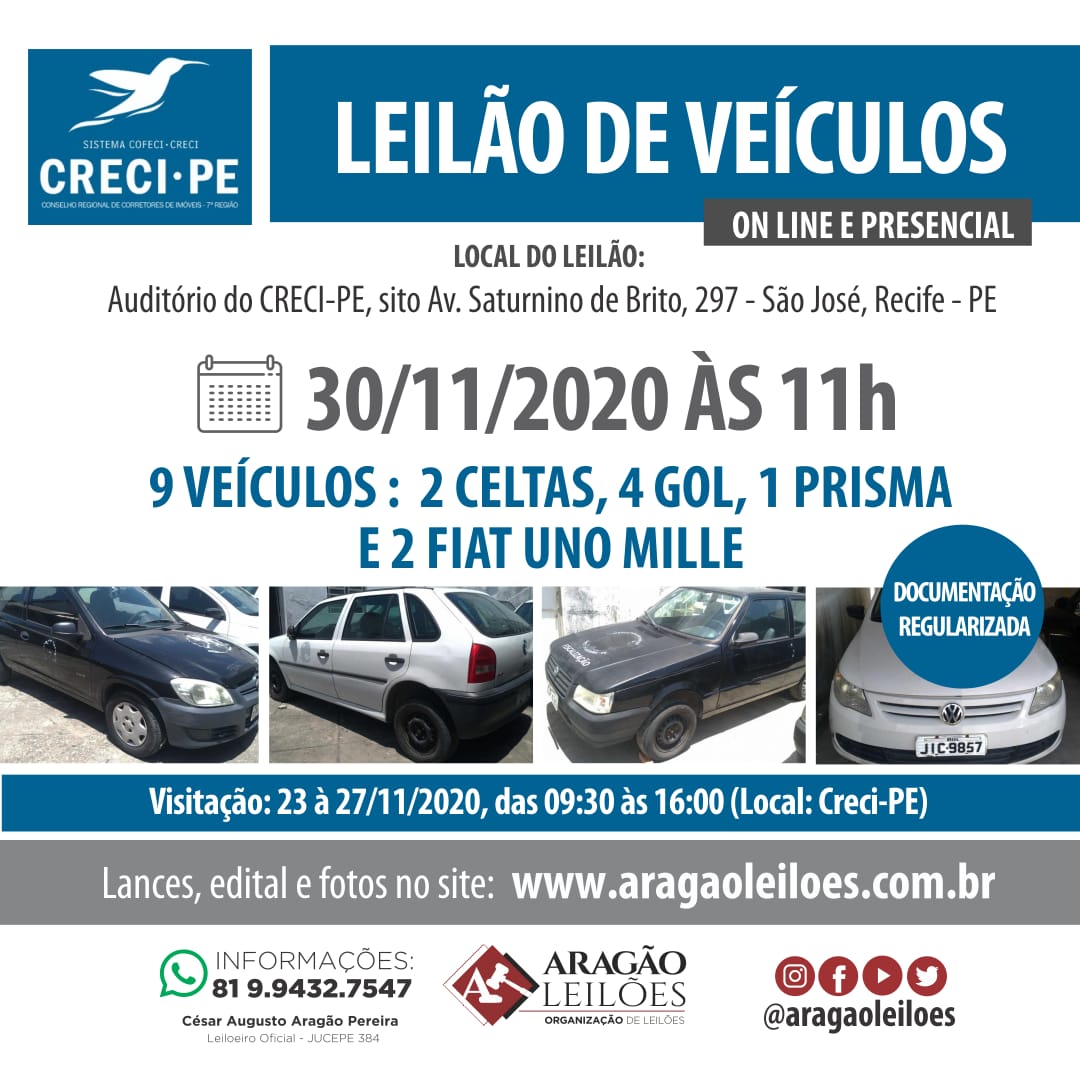 CRECI-PE PROMOVERÁ LEILÃO DE VEÍCULOS DO SEU PATRIMÔNIO NO DIA 30112020, ÀS 11h